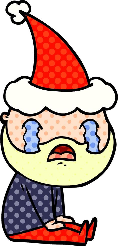 Comic-Stil-Illustration eines bärtigen Mannes, der mit Weihnachtsmütze weint vektor