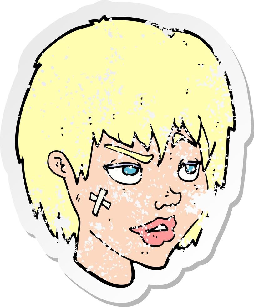 Retro-Distressed-Aufkleber einer Cartoon-Frau mit Gips im Gesicht vektor
