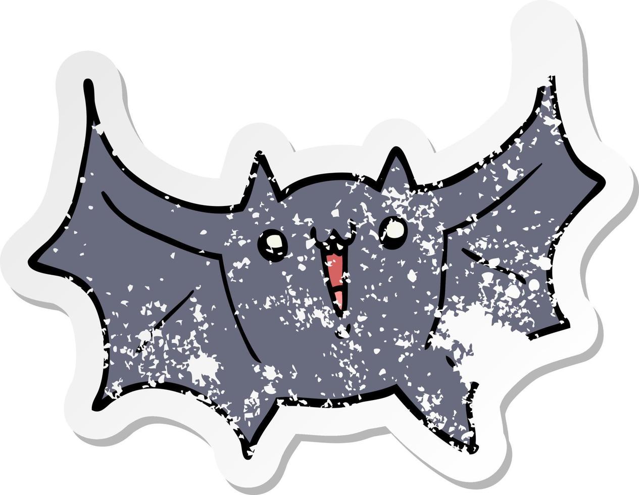 bedrövad klistermärke av en tecknad glad vampyrfladdermus vektor