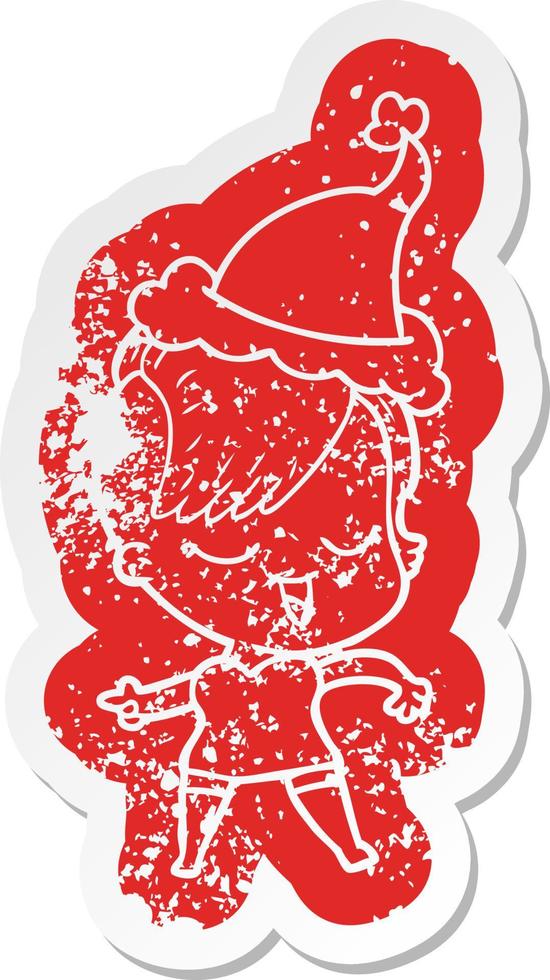 Happy Cartoon Distressed Sticker eines Mädchens mit Weihnachtsmütze vektor