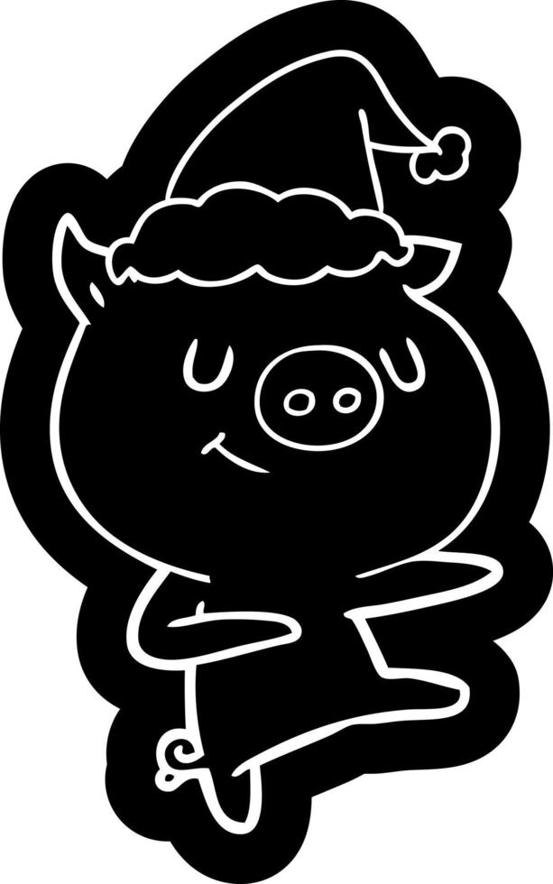 Fröhliche Cartoon-Ikone eines Schweins, das mit Weihnachtsmütze tanzt vektor