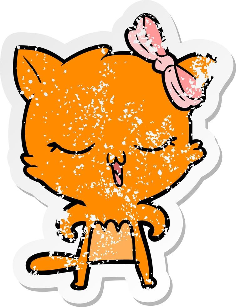bedrövad klistermärke av en tecknad katt med rosett på huvudet vektor