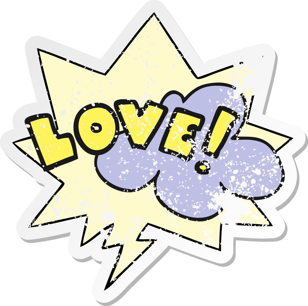 tecknad ord kärlek och pratbubbla nödställda klistermärke vektor