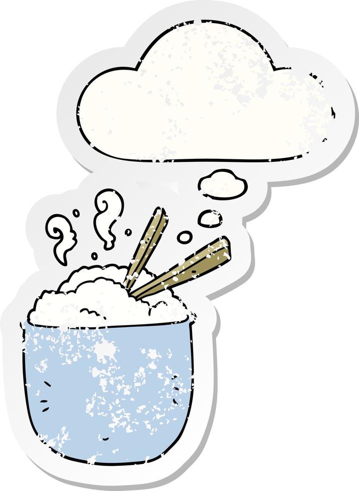 Cartoon-Schüssel mit Reis und Gedankenblase als beunruhigter, abgenutzter Aufkleber vektor