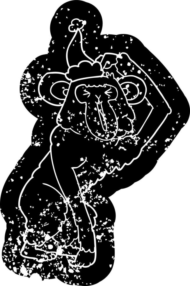 tecknad nödställd ikon av en schimpans som kliar på huvudet som bär tomtehatt vektor
