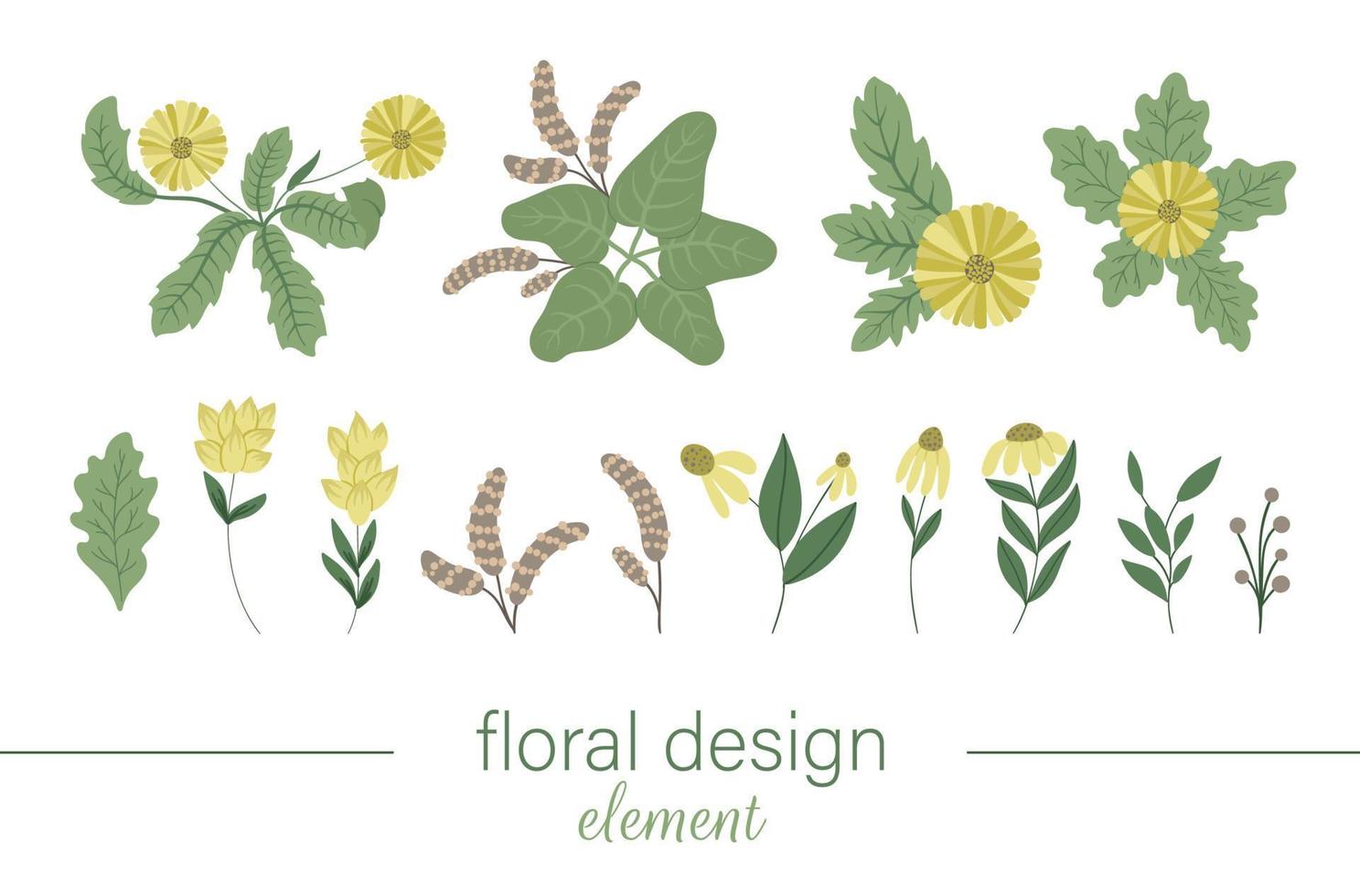 Vektor gelbe Blumen ClipArt-Set. hand gezeichnete flache trendige illustration mit blumen, blättern, zweigen. wiese, wald, waldgartenelemente lokalisiert auf weißem hintergrund. handgezeichneter Wegerich