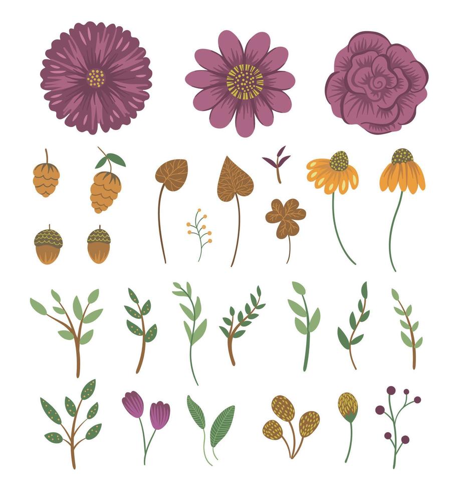 Vektor-Blumen-Clip-Art-Set. handgezeichnete flache trendige illustration mit blumen, blättern, zweigen, eicheln, kegeln. wiese, wald, waldherbstelemente lokalisiert auf weißem hintergrund. vektor