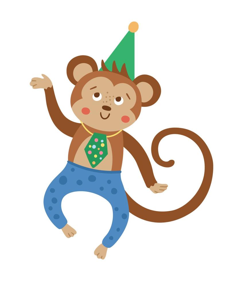 Vektor süßer tanzender Affe im Geburtstagshut. lustiges b-day-tier für karte, plakat, druckdesign. helle feiertagsillustration für kinder. fröhliches Feiercharaktersymbol isoliert auf weißem Hintergrund.