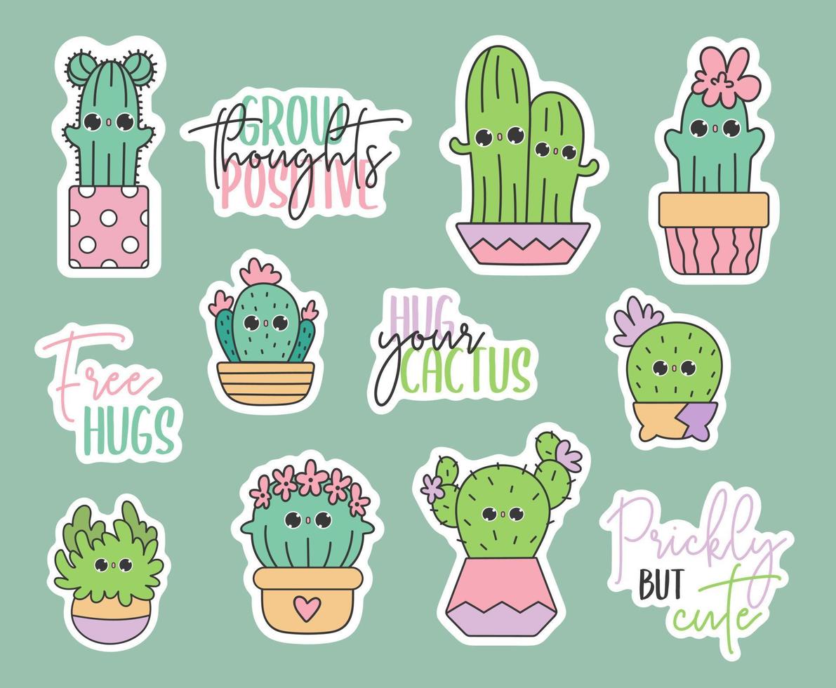 söta vektor klistermärken pack av kawaii doodles kaktus i krukor. baby kaktusar barn illustration i tecknad stil. suckulenter trädgårdshemväxter.