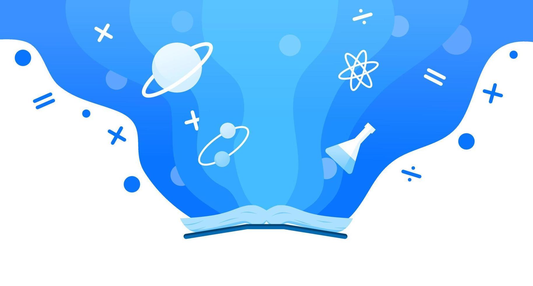 vetenskap bok utbildning vektor platt illustration bakgrund landskap blå modern matematik kemi och astronomi