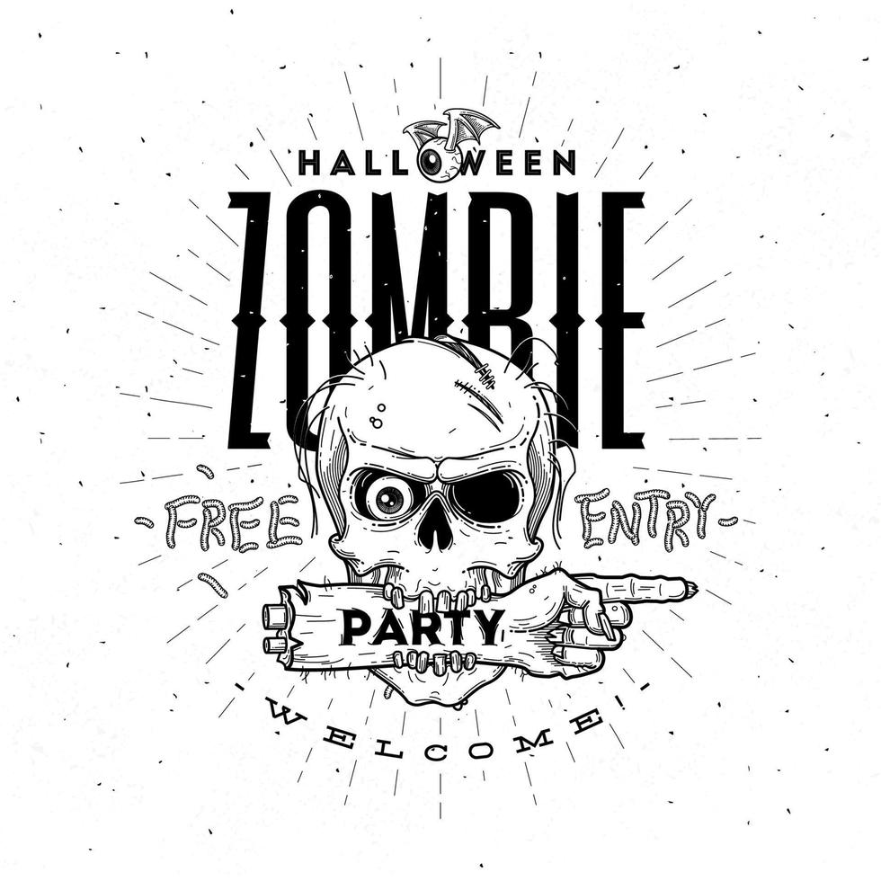 halloween-partyplakat mit zombiekopf und -hand - strichzeichnungsvektorillustration vektor