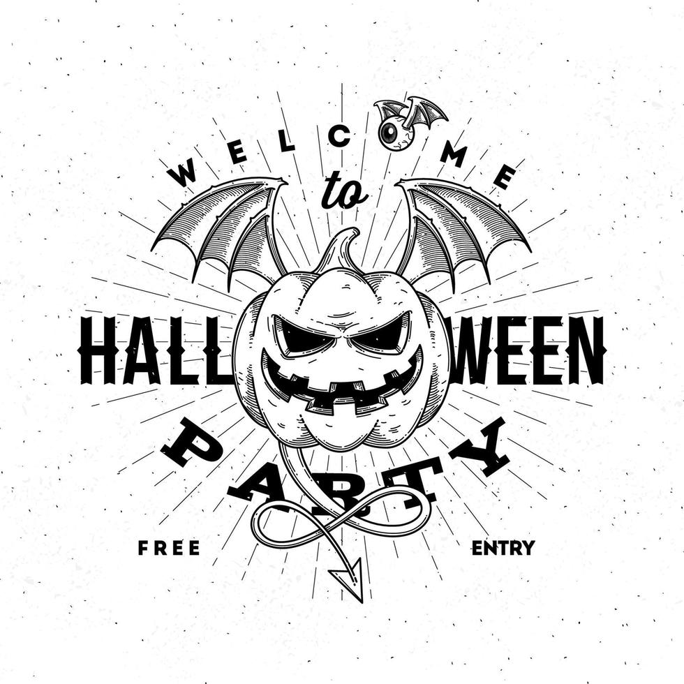 halloween-partyeinladung mit fliegendem kürbis - line art vektorillustration vektor