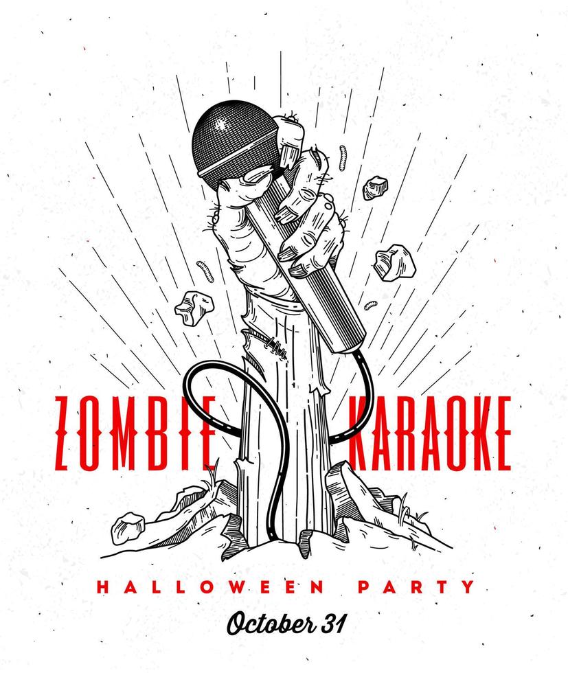 zombie hand med mikrofon från marken - line art inbjudan för halloween karaoke party vektor