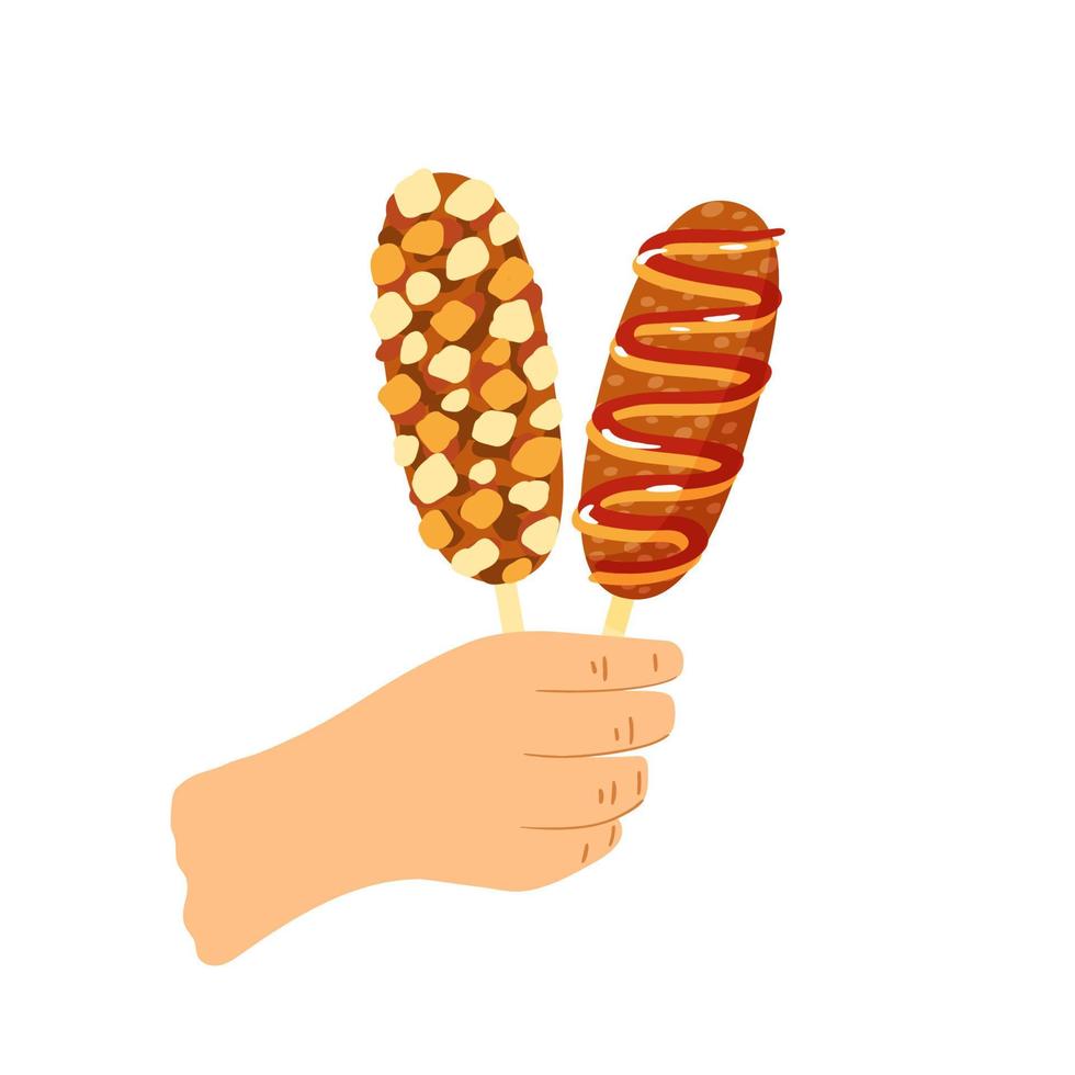 Eine Hand hält ein koreanisches Straßenessen - Maishund, gebraten in Semmelbröseln mit Ketchup und Senf. traditionelles asiatisches gericht - gebratene würste in einem teig mit käse. vektor-cartoon-symbol-illustration vektor