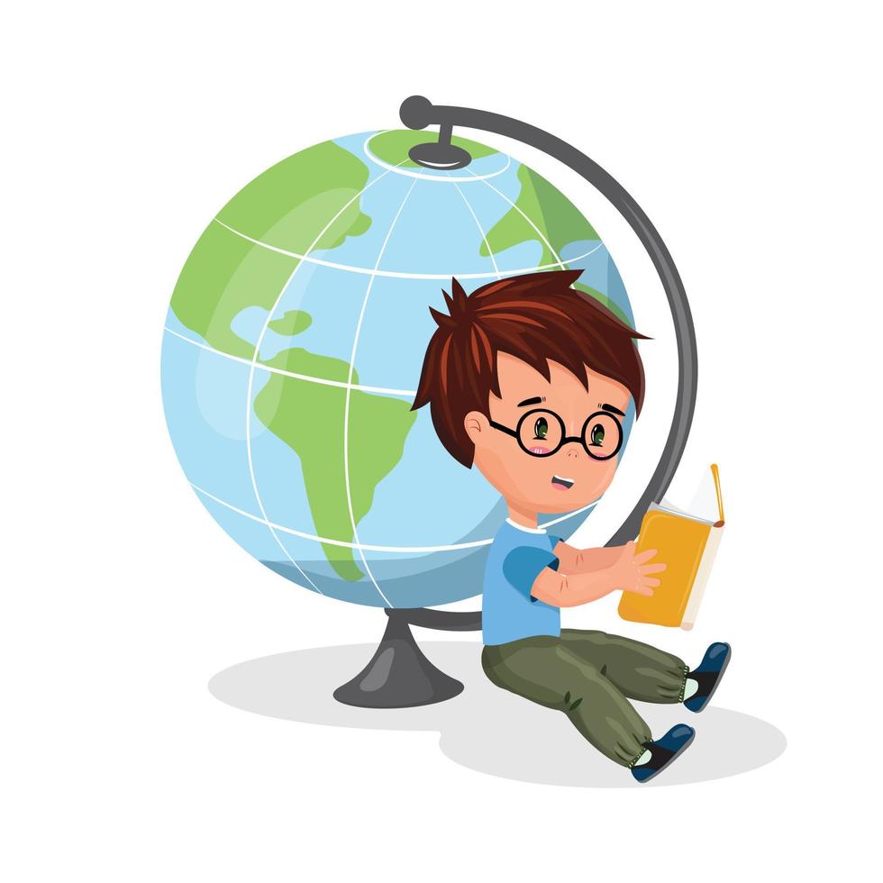 liten pojke som läser en bok bredvid den stora jordklotet. utbildning, geografi, tvåspråkighet koncept illustration i platt tecknad design. vektor