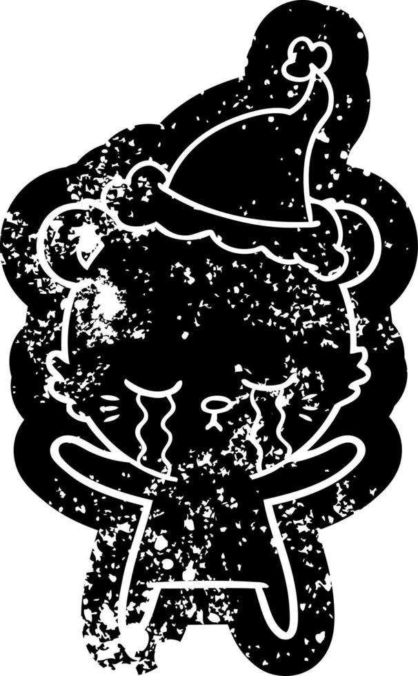 weinende Karikatur verzweifelte Ikone eines Eisbären mit Weihnachtsmütze vektor