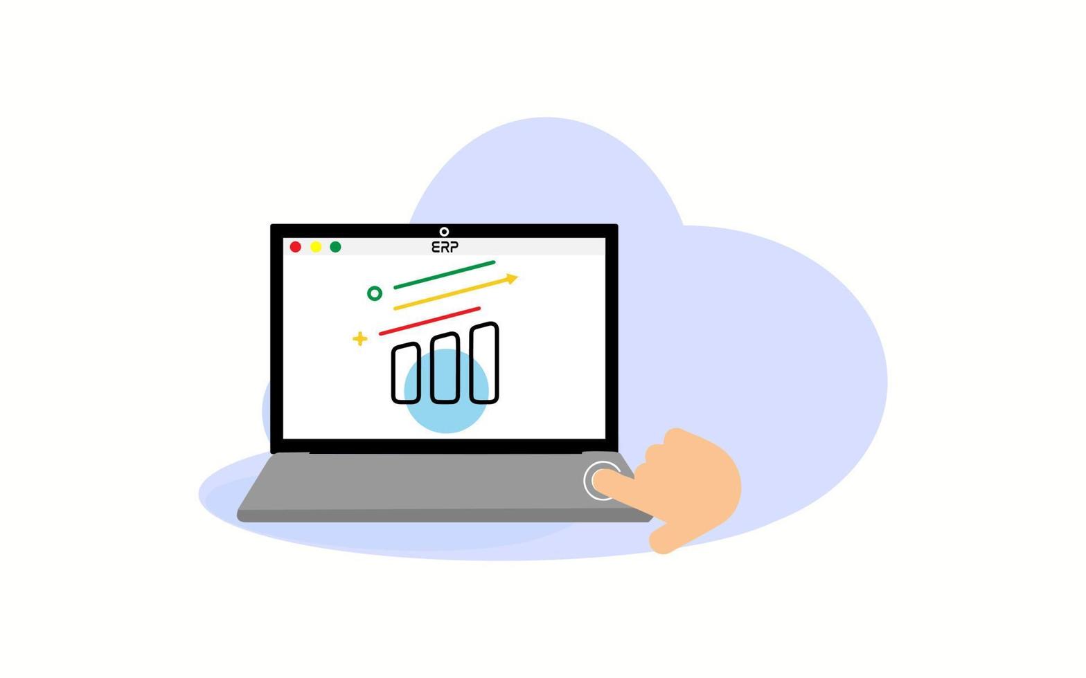 Finger, der die Laptop-Taste für ERP drückt. Grundlegendes ERP-Systemmodul-Symbol im Hintergrund. flache vektorillustration der unternehmensressourcenplanung vektor