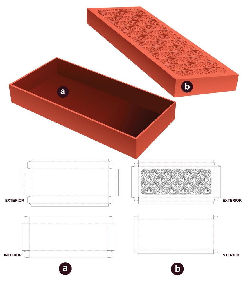 styv japansk låda med lock stansad mall och 3d-mockup vektor