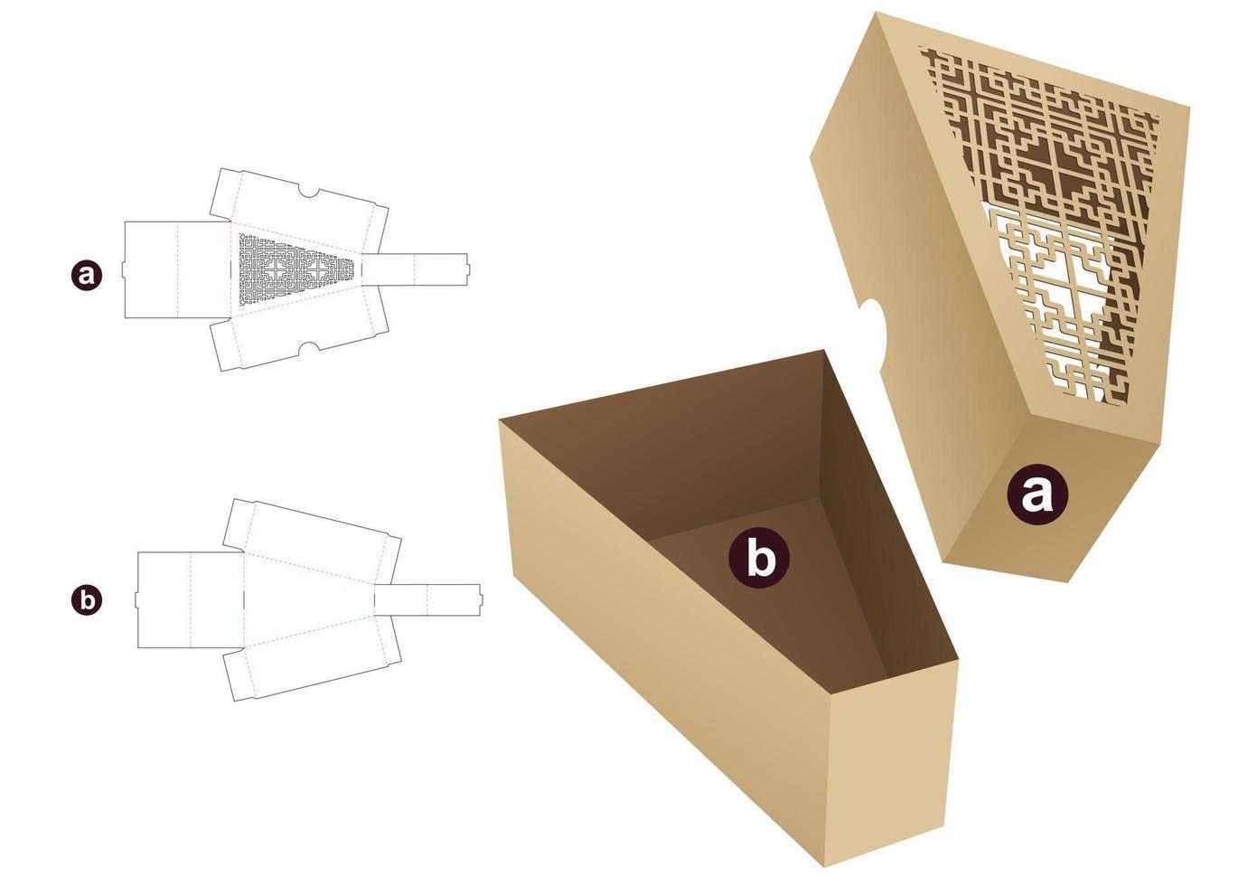 triangellåda med schablonmönster lock stansad mall och 3d mockup vektor