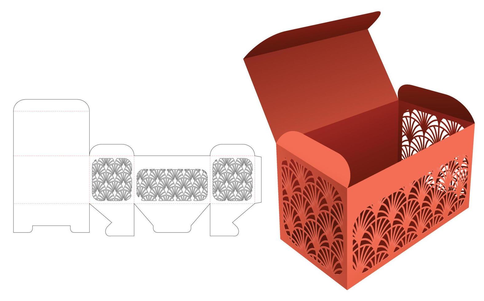 Schachtel mit japanischem Muster auf 3 Wänden, gestanzte Vorlage und 3D-Modell vektor