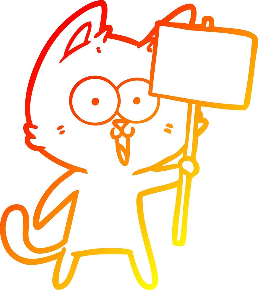 Warme Gradientenlinie zeichnet lustige Cartoon-Katze mit Schild vektor