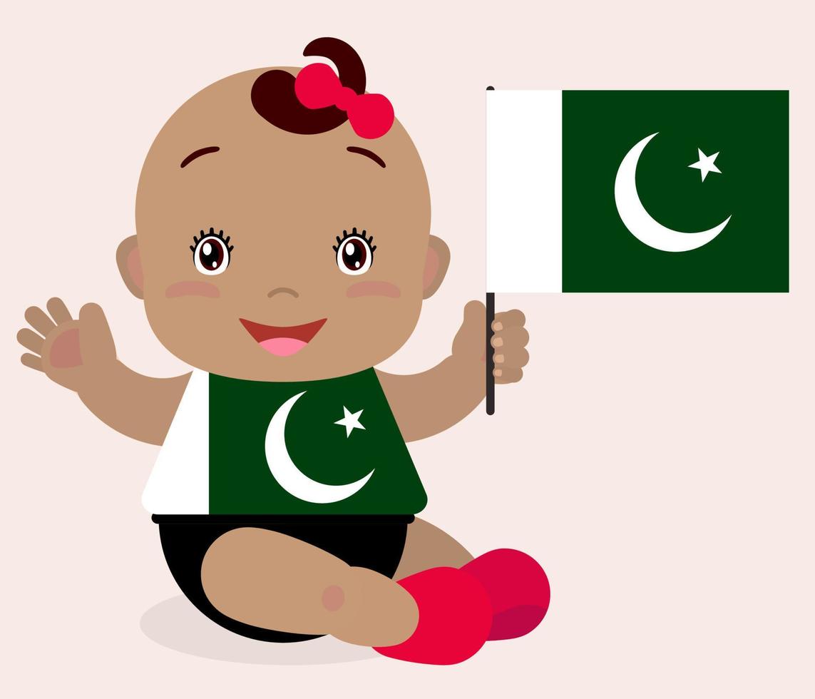 lächelndes Babykleinkind, Mädchen, das eine Pakistan-Flagge lokalisiert auf weißem Hintergrund hält. Vektor-Cartoon-Maskottchen. feiertagsillustration zum tag des landes, unabhängigkeitstag, flaggentag. vektor