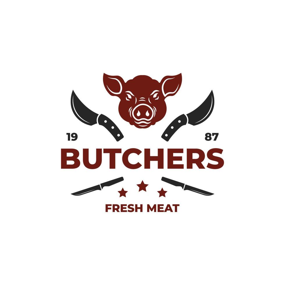 Metzgerei oder Restaurant Logo Vektor Illustration Vorlage Schweinekopf und Fleischerbeil Messer gut für Menü und Restaurant Zeichen, Metzgerei Logo Design Vorlage Inspirationselement Design