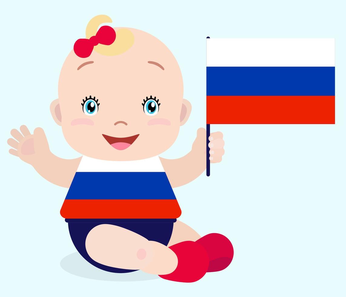 lächelndes Babykleinkind, Mädchen, das eine Russland-Flagge lokalisiert auf weißem Hintergrund hält. Vektor-Cartoon-Maskottchen. feiertagsillustration zum tag des landes, unabhängigkeitstag, flaggentag. vektor