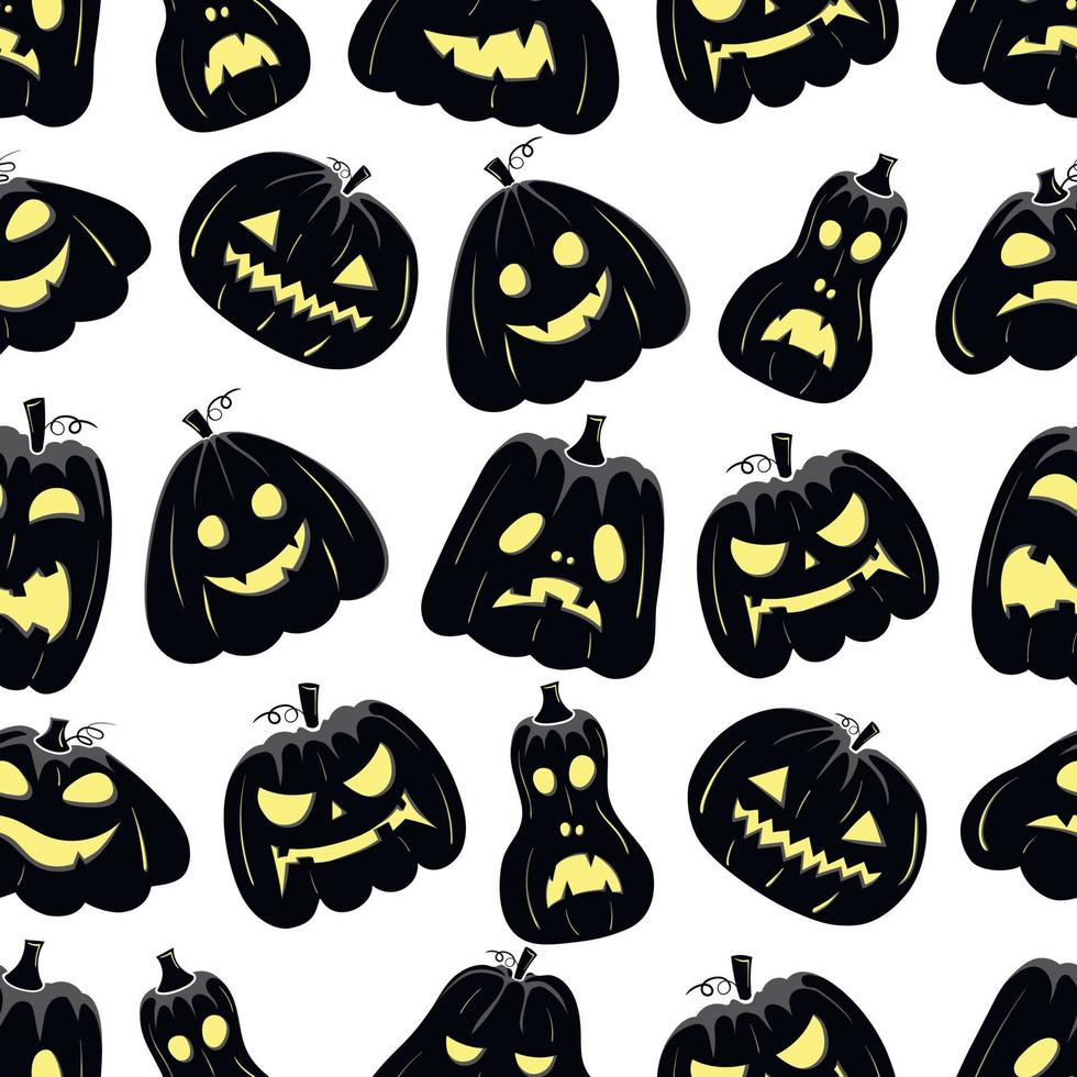 sömlöst mönster med svart siluett av ett pumpa ansikte med gula glödande ögon för halloween på en vit bakgrund vektor