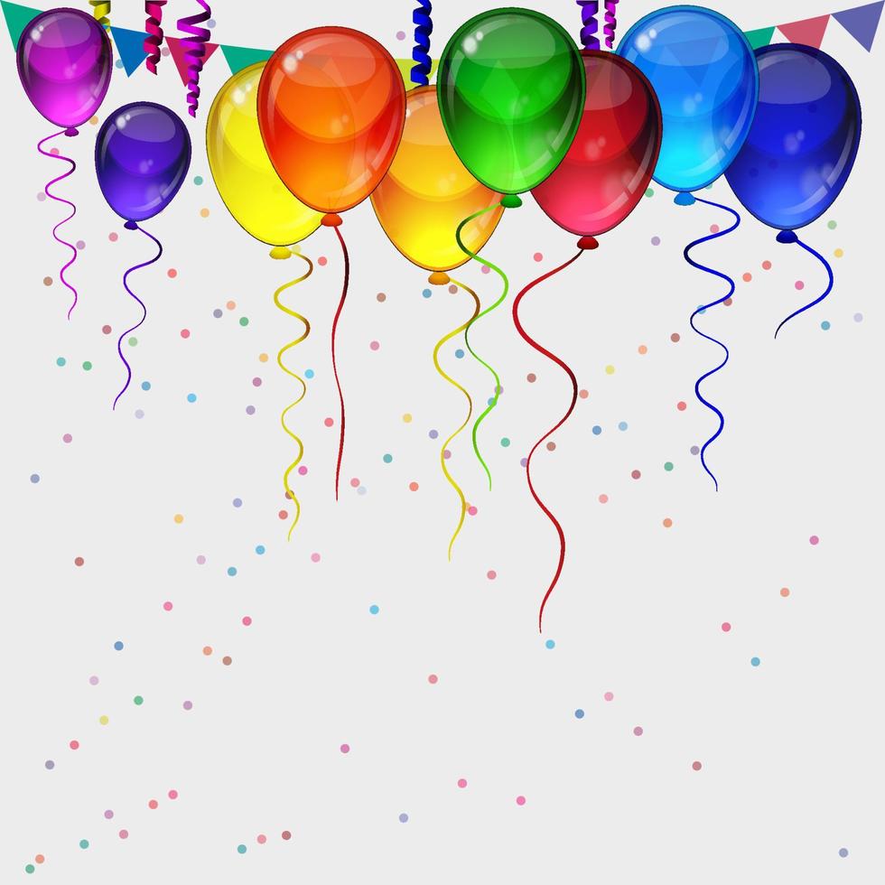 födelsedagsfest vektor bakgrund - realistisk transparens färgglada festliga ballonger, konfetti, band flyger för fester kort i isolerad vit bakgrund med plats för din text.