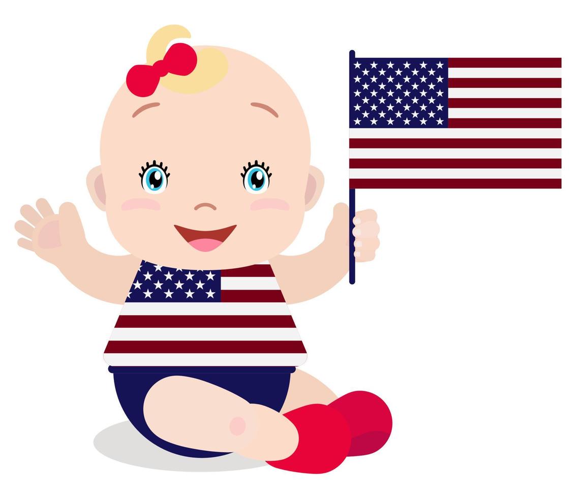 lächelndes Babykleinkind, Mädchen, das eine USA-Flagge lokalisiert auf weißem Hintergrund hält. Vektor-Cartoon-Maskottchen. feiertagsillustration zum tag des landes, unabhängigkeitstag, flaggentag. vektor