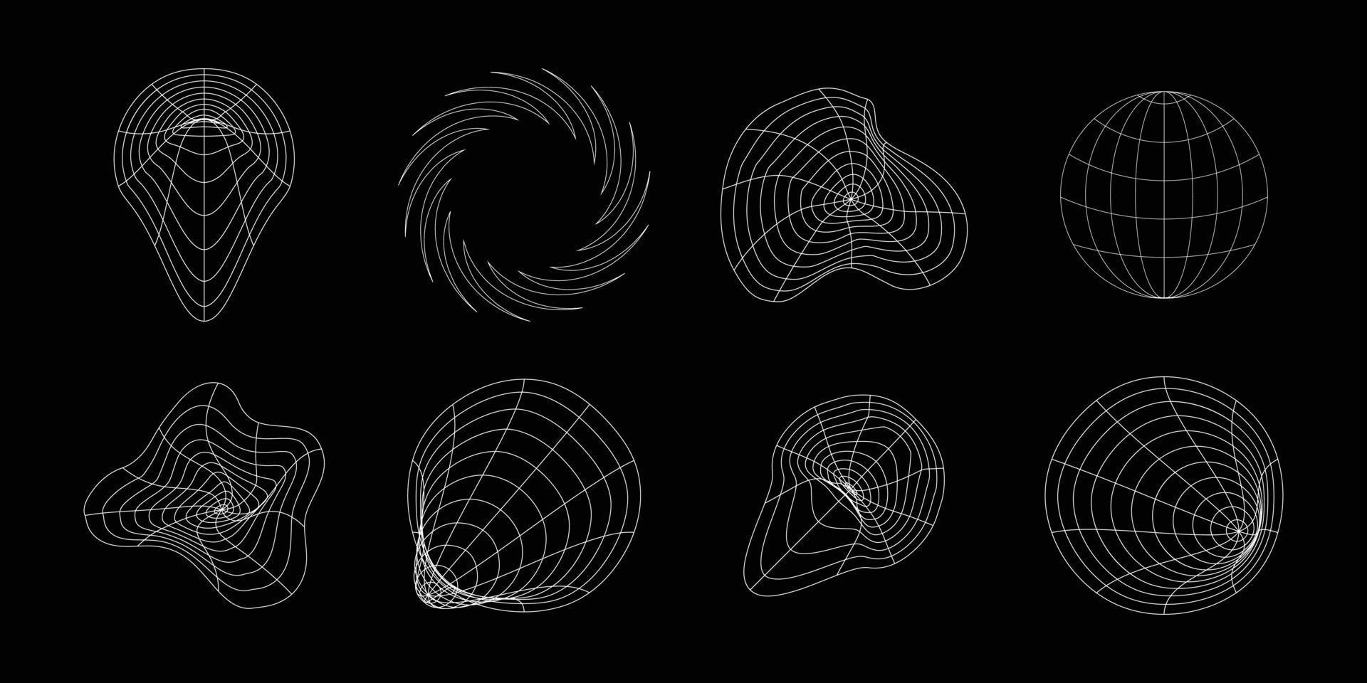 uppsättning av abstrakt wireframe 80-tal stil. retro futuristisk teknik i rutnätslinje för grafiskt element. samling av 3d mesh illustration design form vektor