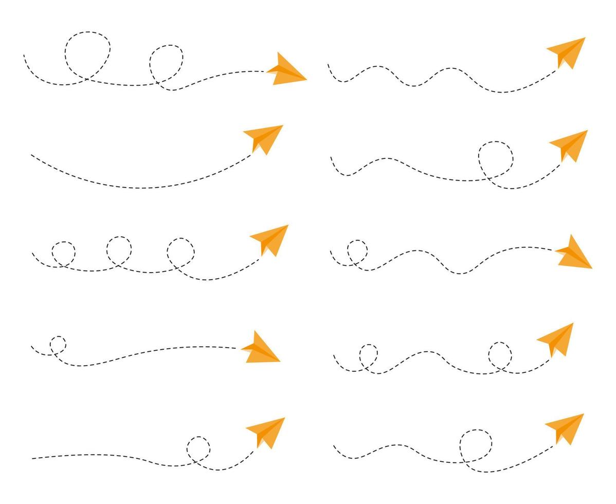 uppsättning av streckad linje papper flygplan rutt vektor