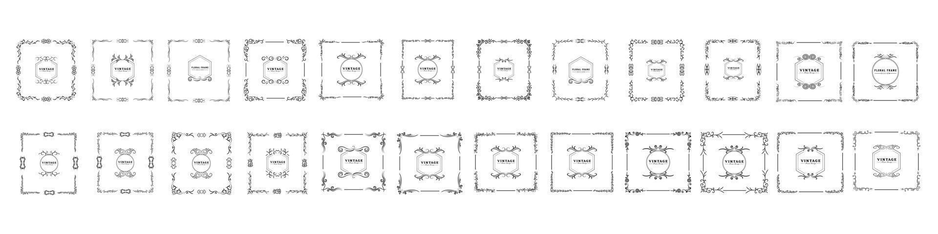 quadratischer Rahmen, asiatischer quadratischer Rahmen im Vintage-Stil, Grafikgrafik, asiatische Kulturdekoration, grungy quadratischer Vintage-Sepia-Rahmen, handgezeichneter Vintage-Doodle-Blumenrahmen-Set, Vektordesign-Element vektor