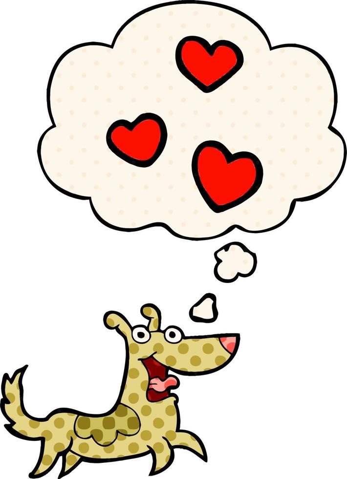 Cartoon-Hund mit Liebesherzen und Gedankenblase im Comic-Stil vektor