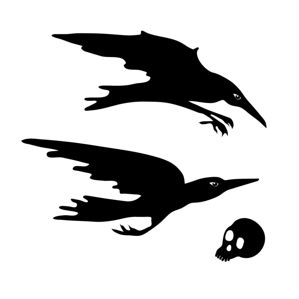Krähen. Schädel. Tauchen, fliegende Krähen. Halloween-Elementdesign. vektor