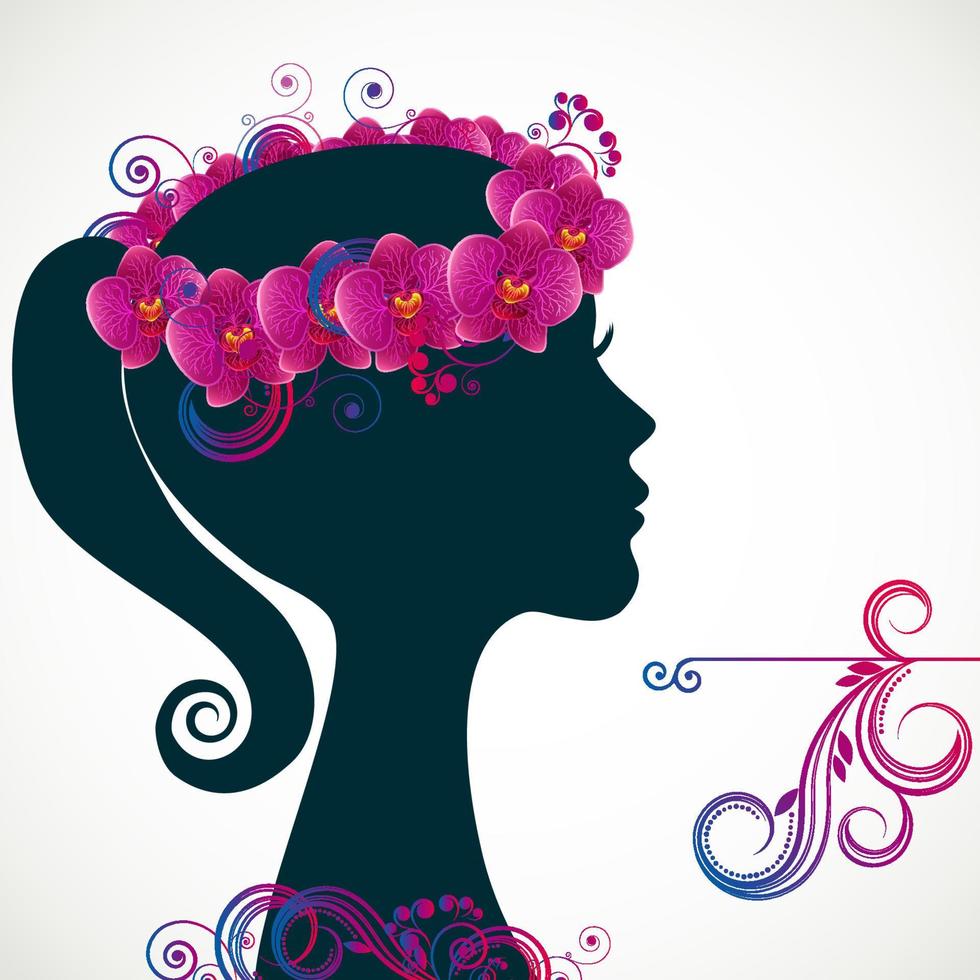 profil av vacker ung kvinna i krans av orkidéblommor i håret. vektor illustration gratulationskort skönhet och mode.