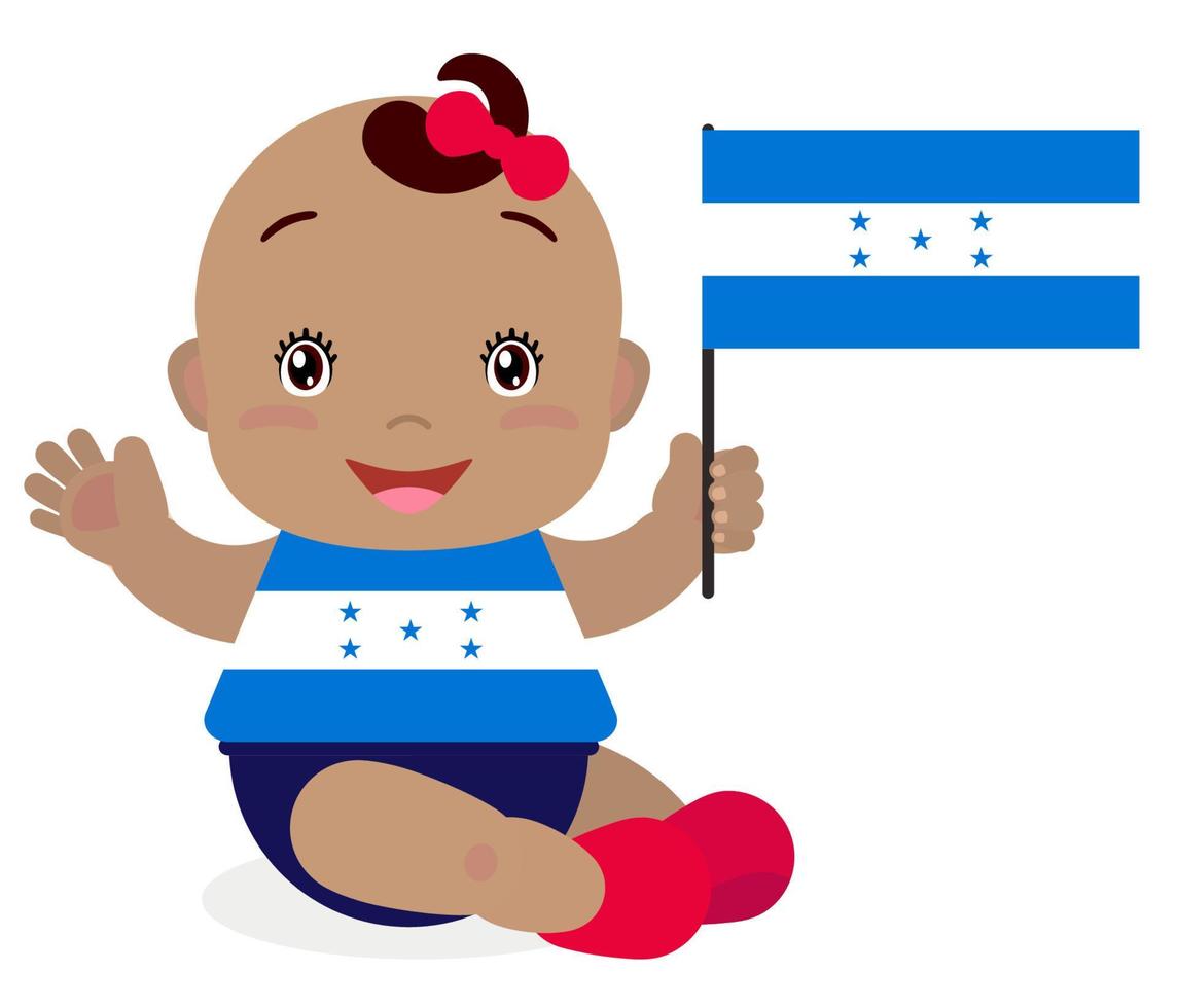 lächelndes Babykleinkind, Mädchen, das eine Honduras-Flagge lokalisiert auf weißem Hintergrund hält. Vektor-Cartoon-Maskottchen. feiertagsillustration zum tag des landes, unabhängigkeitstag, flaggentag. vektor