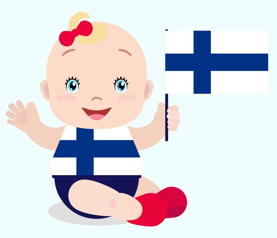 lächelndes Babykleinkind, Mädchen, das eine Finnflagge lokalisiert auf weißem Hintergrund hält. Vektor-Cartoon-Maskottchen. feiertagsillustration zum tag des landes, unabhängigkeitstag, flaggentag. vektor