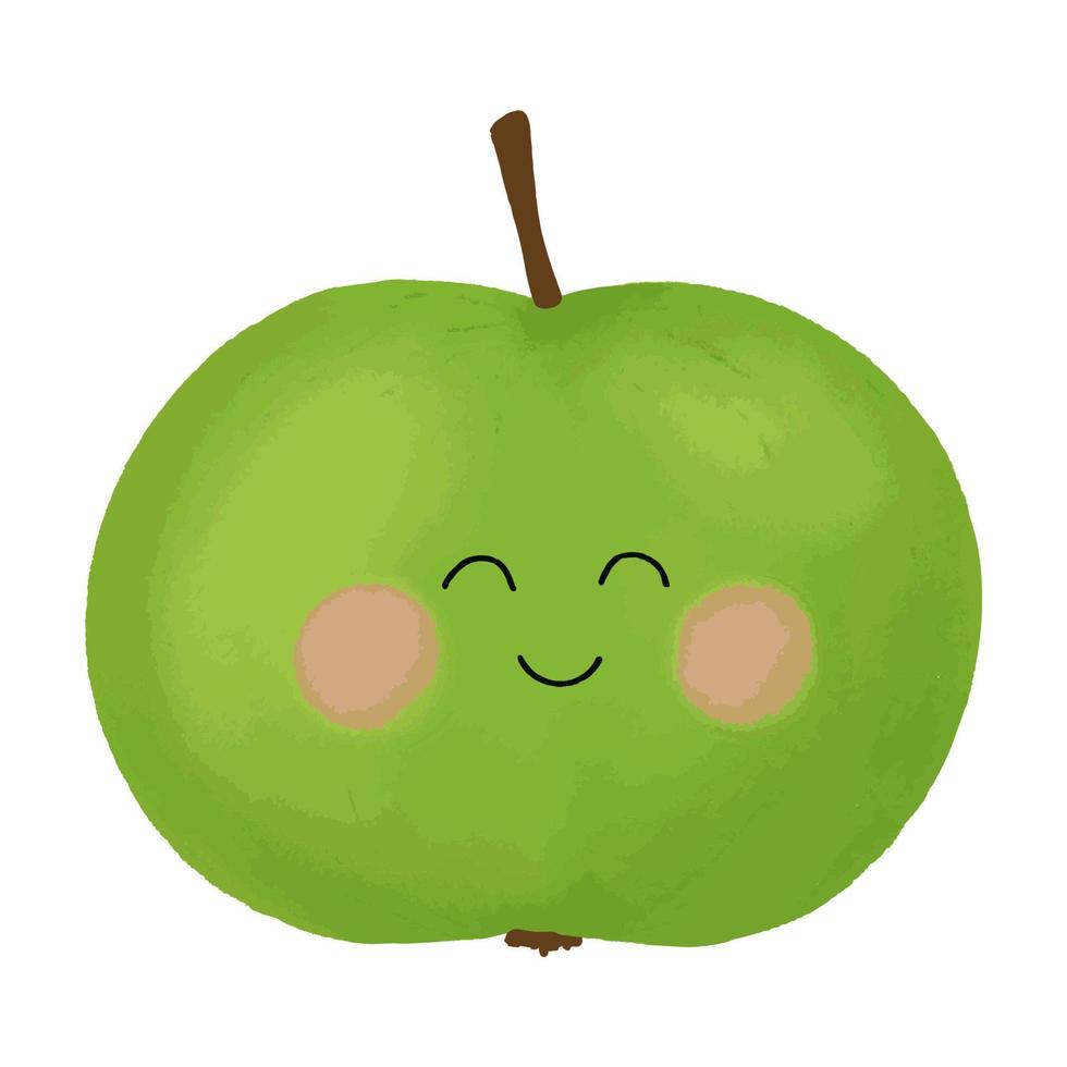 grönt äpple, kawaii frukt, sött grönt äpple med ett ansikte, frukt känslor. söt seriefigur vektor
