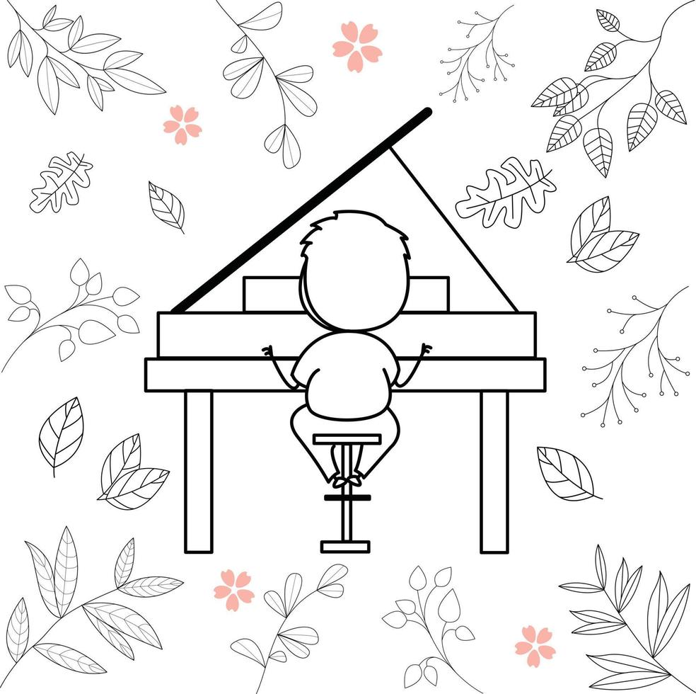 tecknad illustration av liten pojke som har kul att spela piano vektor