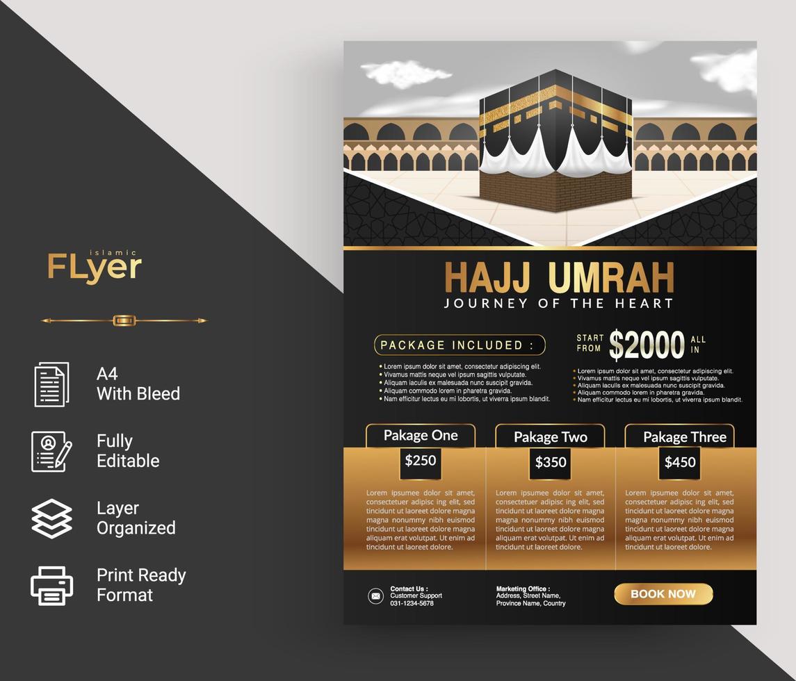 luxuriöses islamisches flyer-design mit schwarz-goldenem element für hajj oder umrah vektor