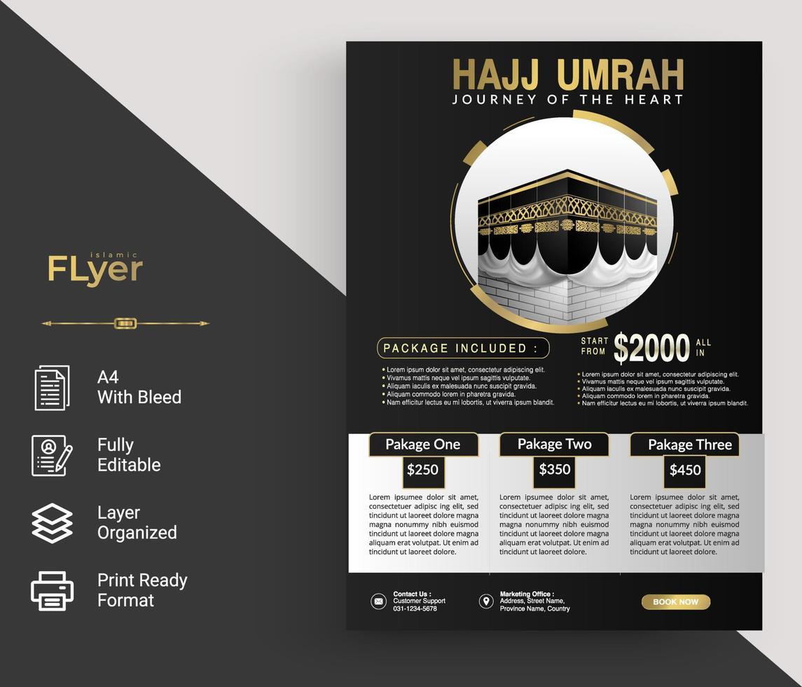 modernes islamisches schwarzes Design mit Wellengoldelement für Hadsch- oder Umrah-Flyer, vektor