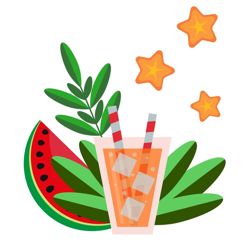 Zusammensetzung eines Cocktails mit Eis und Zweigen, Wassermelonenscheiben, Blättern und Zweigen, Sternen vektor