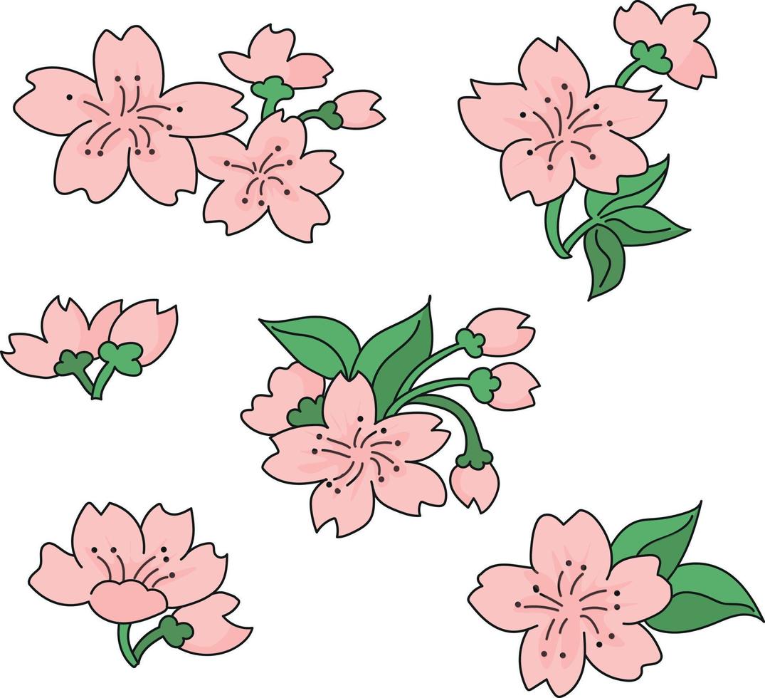 samling av sakura blommor i doodles stil vektor