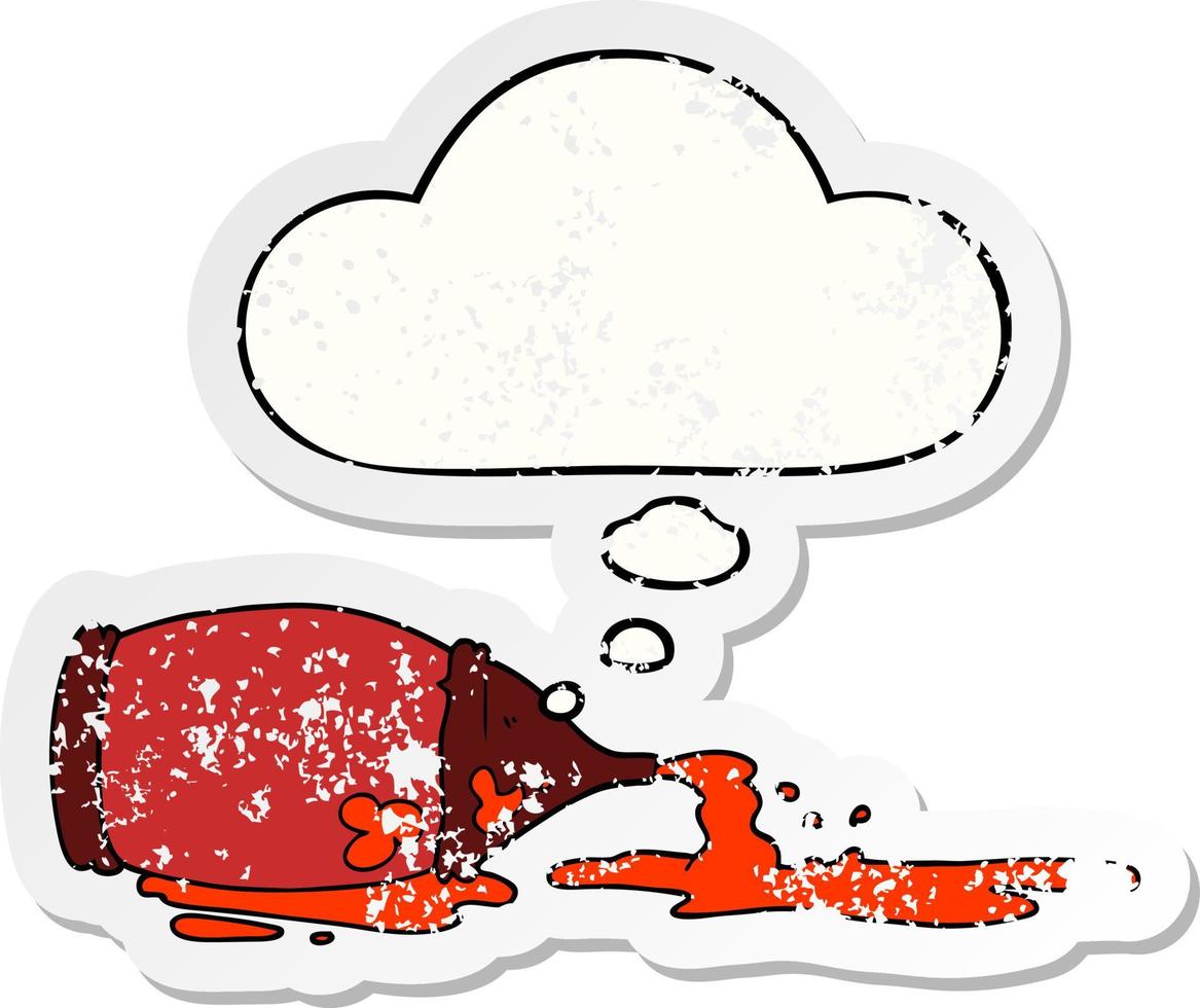 Cartoon verschüttete Ketchup-Flasche und Gedankenblase als verzweifelter, abgenutzter Aufkleber vektor