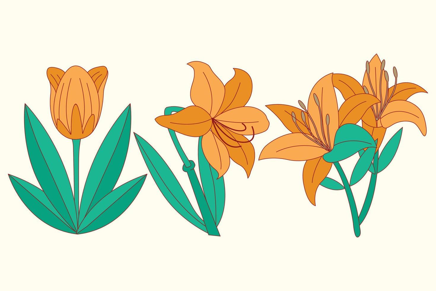 Satz der flachen Designillustration der orange Blumen vektor