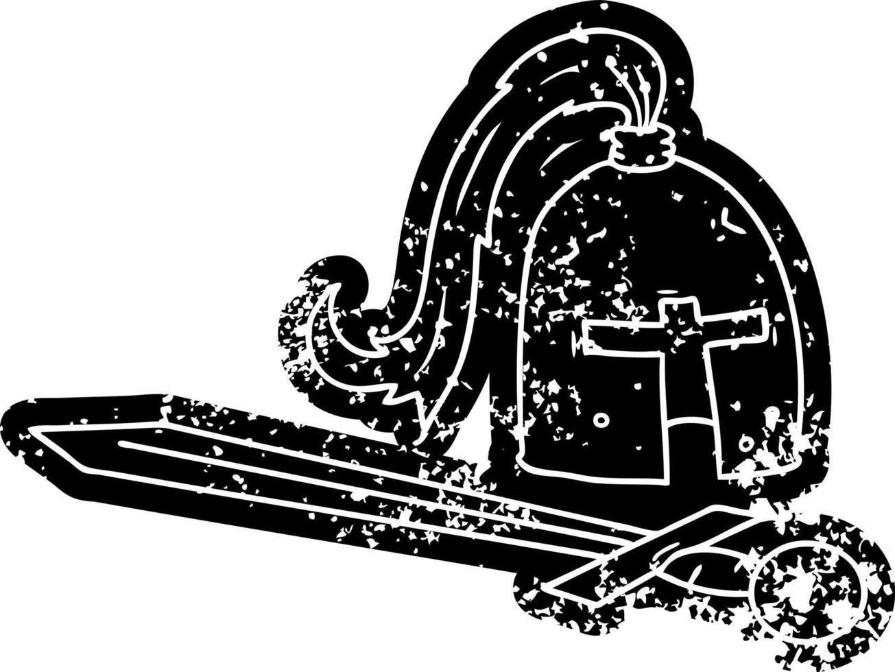 Grunge-Icon-Zeichnung eines mittelalterlichen Helms und Schwerts vektor