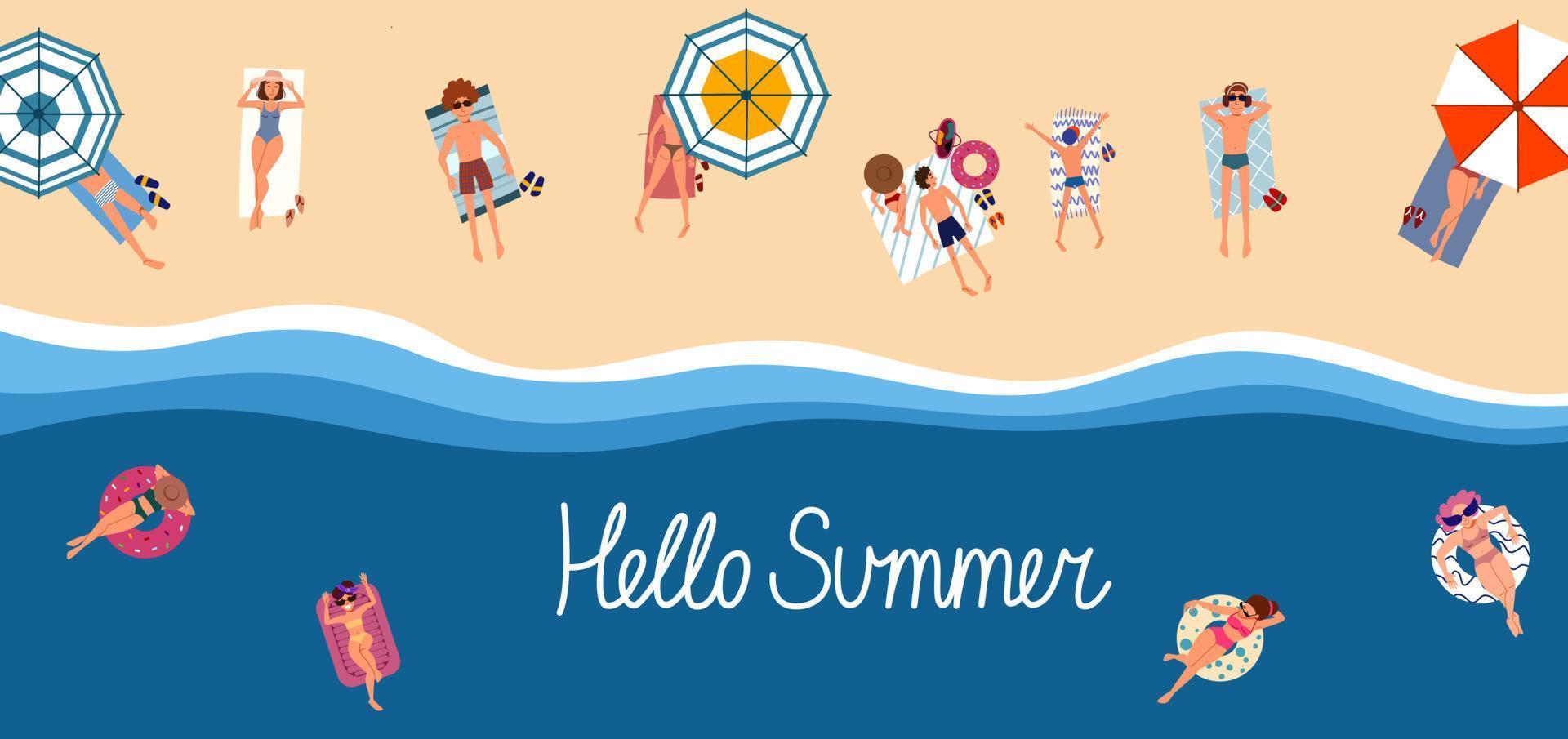 människor på stranden eller på stranden koppla av och sola, simma på uppblåsbara cirklar. bokstäver med inskriptionen hej sommar. vektor