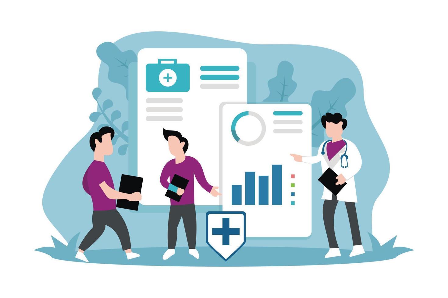 illustration vektorgrafik av en läkare ger anvisningar till sina två assistenter angående medicinska data med diagram, perfekt för medicinsk, apotek, sjukhus, frisk, etc. vektor